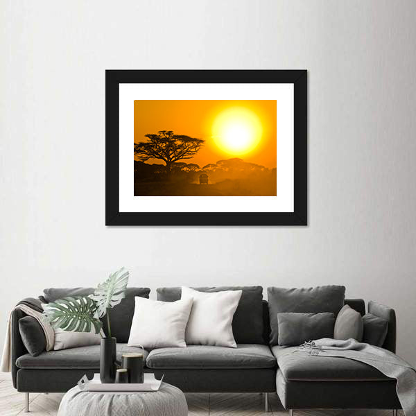 Safari Jeep Driving Through Savannah In The Sunset Africa Canvas Wall Art