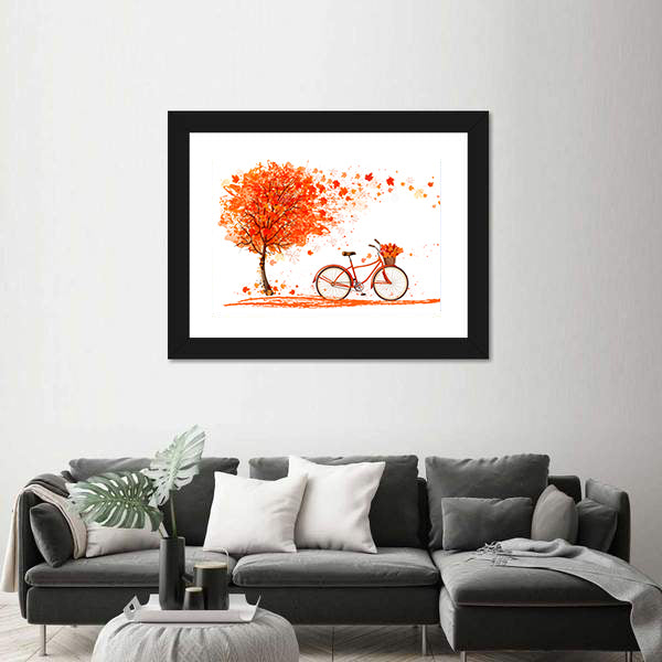 Bicycle Under Autumn Tree Canvas Wall Art