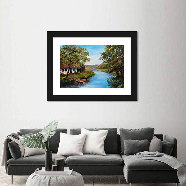 Farmhouse Near The River Canvas Wall Art