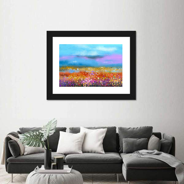 Watercolor Spring Meadow with Golden Horizon Canvas Wall Art