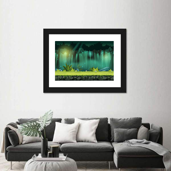 Magical Mist Forest with Fireflies Canvas Wall Art