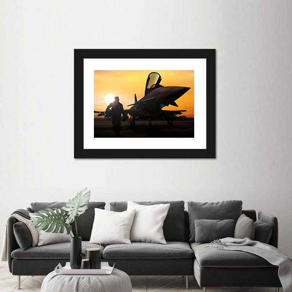 Military Pilot &amp; Aircraft At Airfield Canvas Wall Art