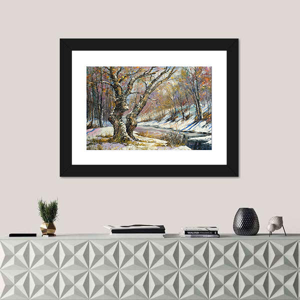 Winter River in Snowy Wood Canvas Wall Art