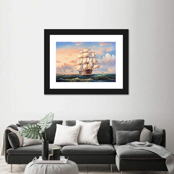 Sailing Boat In Storm Canvas Wall Art