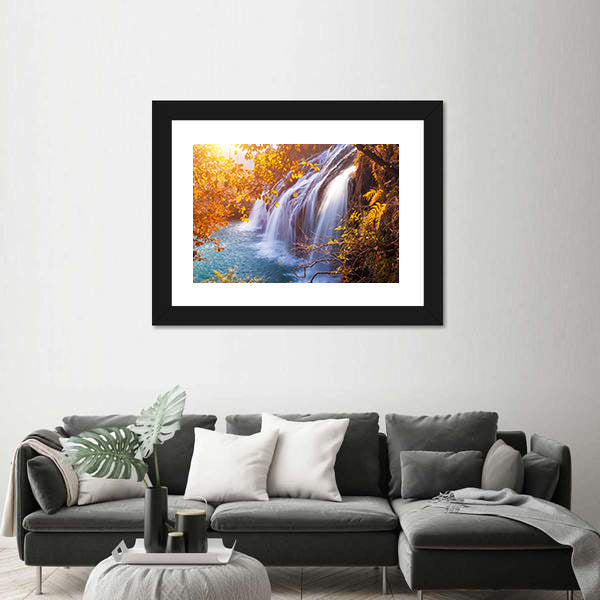 Autumn Waterfall with Sunlit Foliage Canvas Wall Art