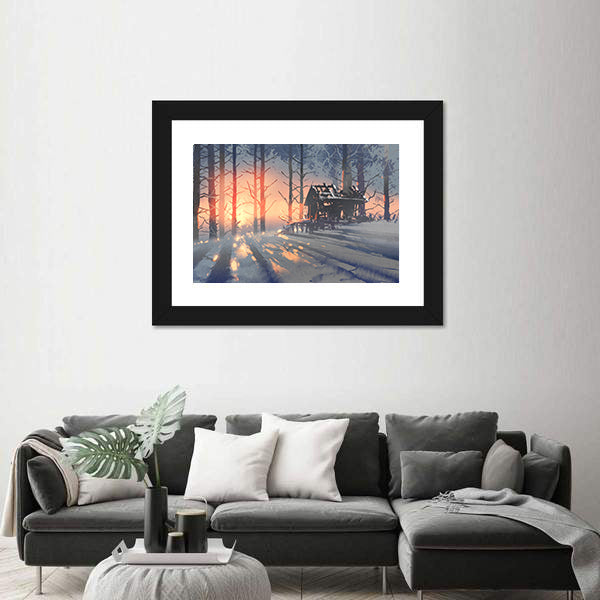 Abandoned House in Winter Forest Canvas Wall Art