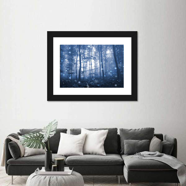 Blue Fog Forest with Glowing Orbs Canvas Wall Art