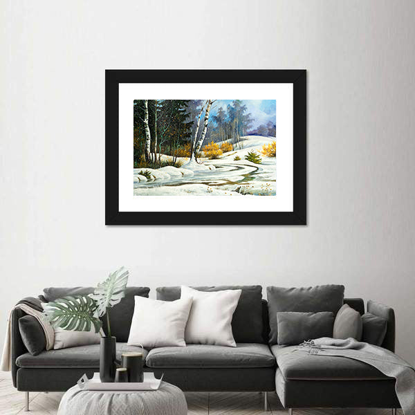 Winter Birch Forest with Frozen Stream Canvas Wall Art