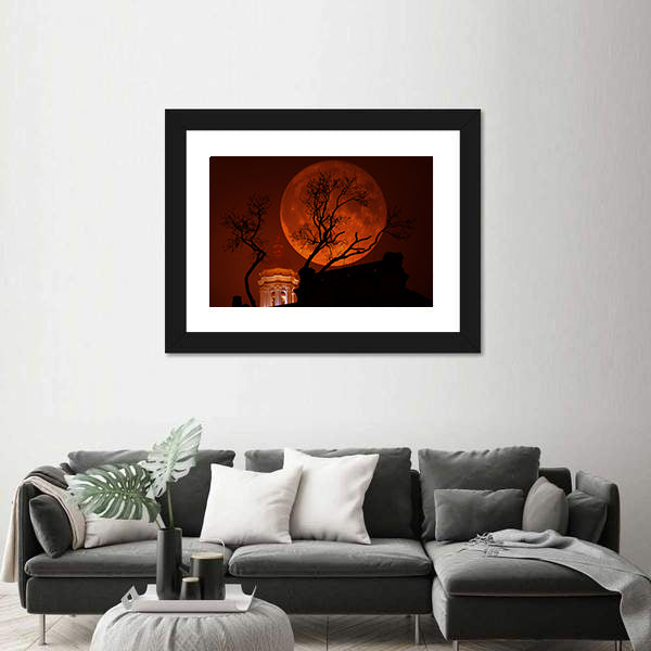 Blood Red Supermoon Over Illuminated Dome Canvas Wall Art