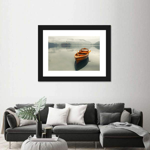 Rowboat on Foggy Lake with Island Church Canvas Wall Art