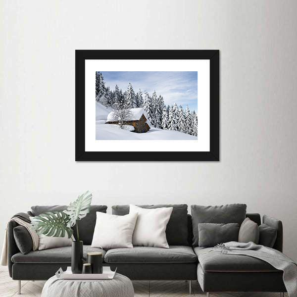 Alpine Hut Under Snow Canvas Wall Art