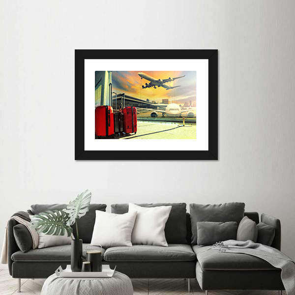 Red Suitcases and Plane at Sunset Canvas Wall Art