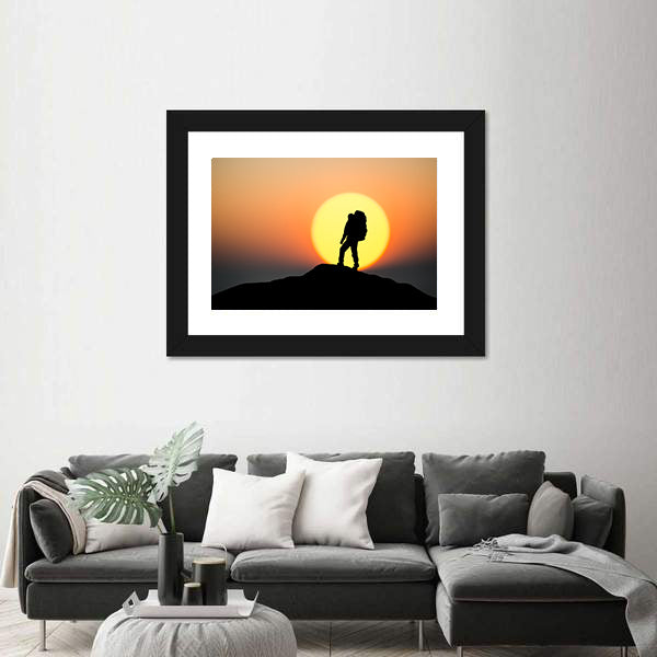 Silhouette Of Rock Climber On The Peak Canvas Wall Art