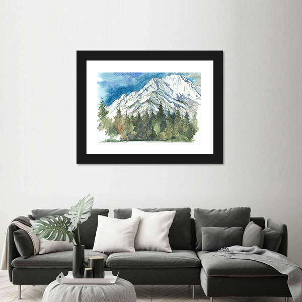 Watercolor Snow-capped Mountain and Forest Canvas Wall Art
