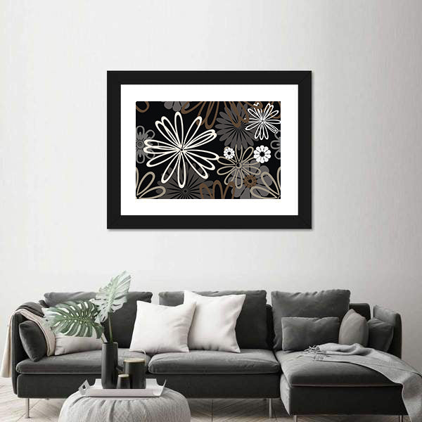 Retro Abstract Floral in Black and White Canvas Wall Art