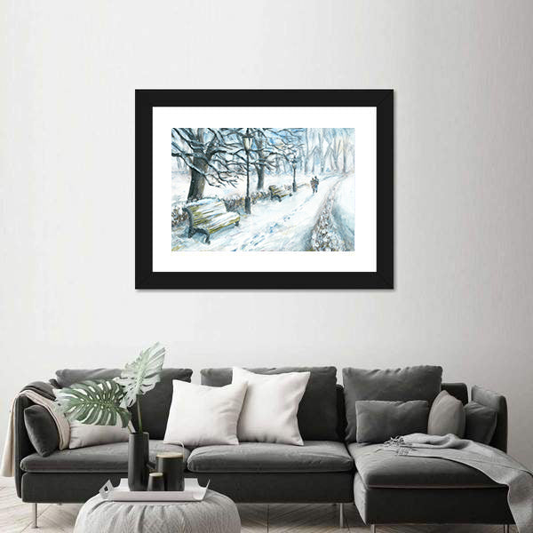 Winter Park With Walking Couple Canvas Wall Art