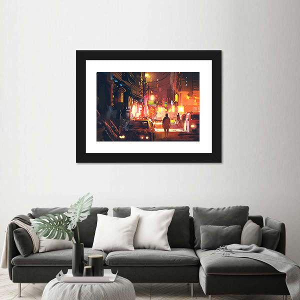 Rain-soaked Old Street in Futuristic City Canvas Wall Art