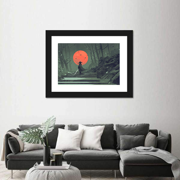 Samurai Standing On Stairway In Night Forest Under Red Moon Canvas Wall Art