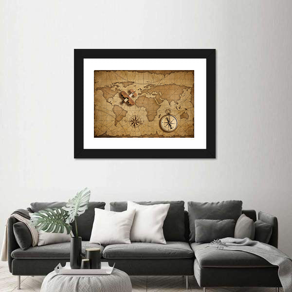 Small Wood Airplane Over World Nautical Map Canvas Wall Art