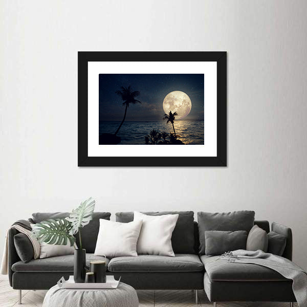 Tropical Beach Under Full Moon Canvas Wall Art