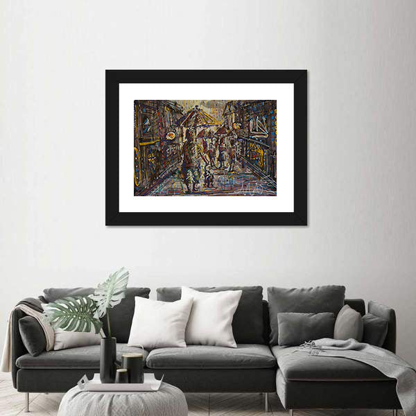 Rainy City Street with Umbrella Canvas Wall Art