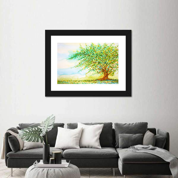 Big Tree In Grass Field Canvas Wall Art