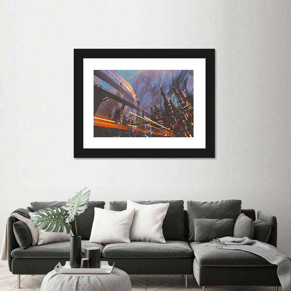 Futuristic Industrial Cityscape at Night Canvas Wall Art