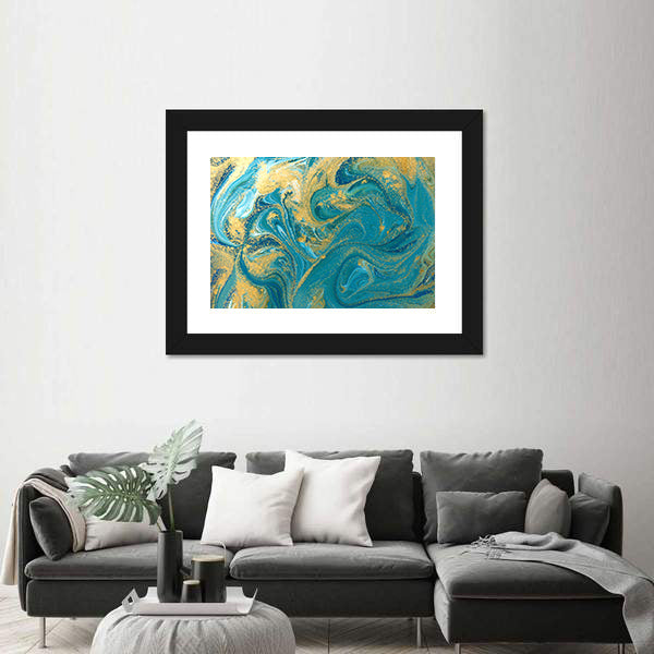 Teal Ink Marble with Gold Veins Canvas Wall Art