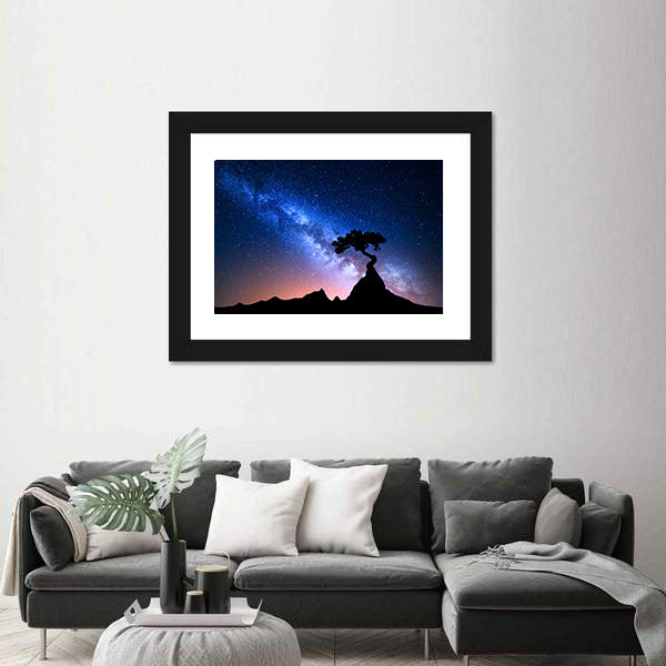 Alone Tree Under Starry Sky Canvas Wall Art