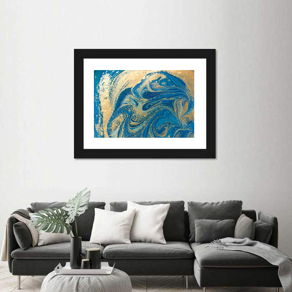 Hand Drawn Blue and Gold Marbling Canvas Wall Art