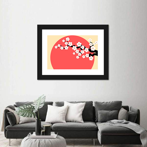 Minimalist Cherry Blossom with Red Sun Canvas Wall Art