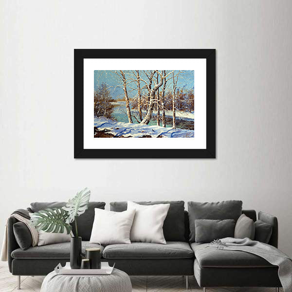Winter River with Snowy Bank Canvas Wall Art