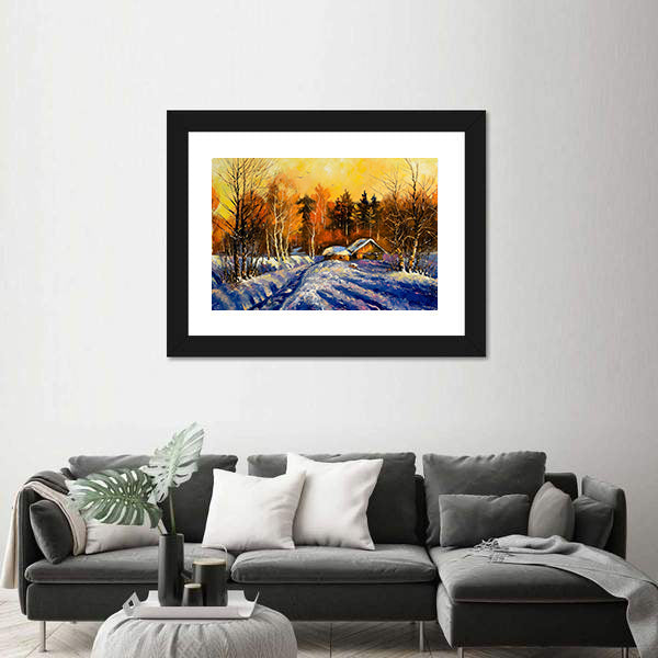 Evening In Winter Village Canvas Wall Art