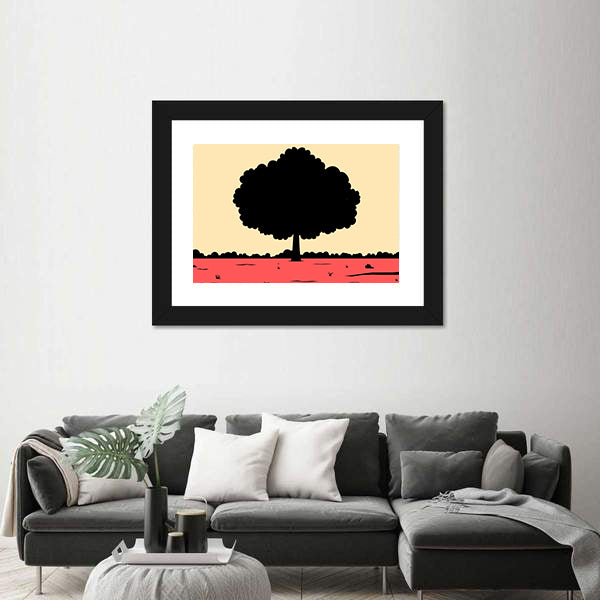 Black Tree Silhouette on Pink and Yellow Fields Canvas Wall Art