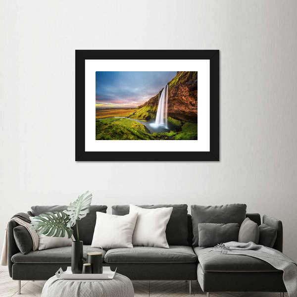 Seljalandsfoss Waterfall At Sunset In Iceland Canvas Wall Art