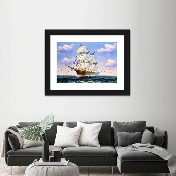 Three-masted Sailing Ship at Sea Canvas Wall Art
