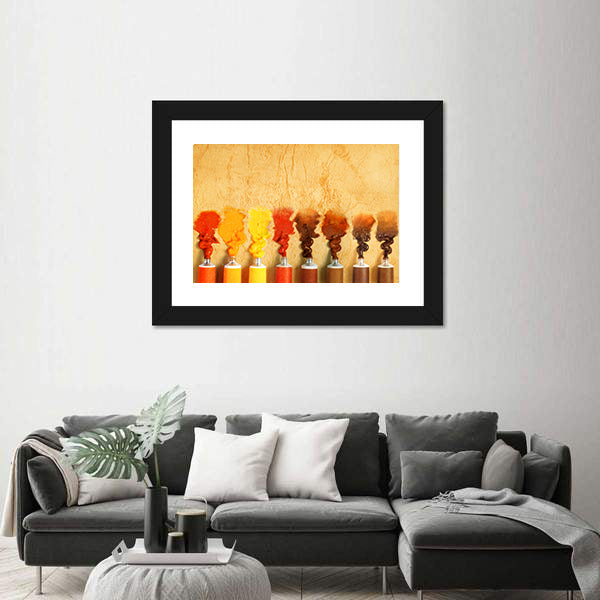 Eight Paint Tubes in Warm Yellow-brown Gradient Canvas Wall Art