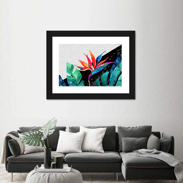 Tropical Minimalist Bird of Paradise and Monstera Canvas Wall Art