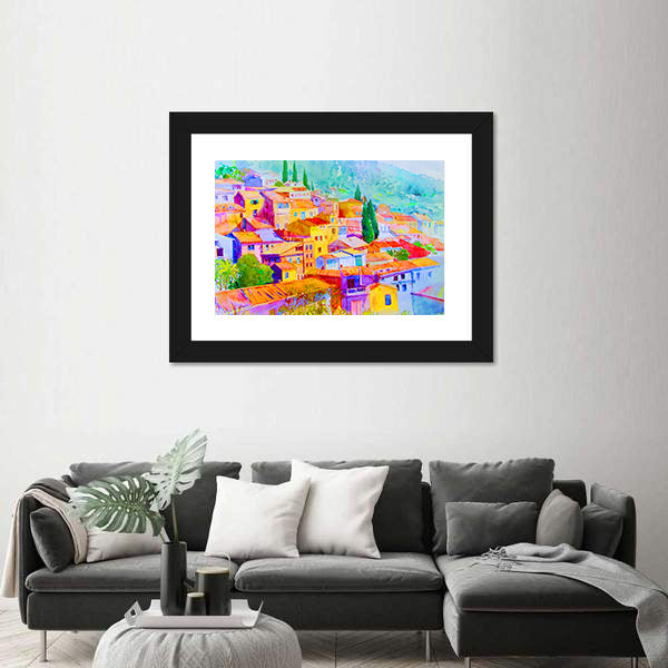 Village View On Hill Mountain Canvas Wall Art