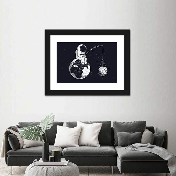 Little Astronaut Sitting on Earth Canvas Wall Art