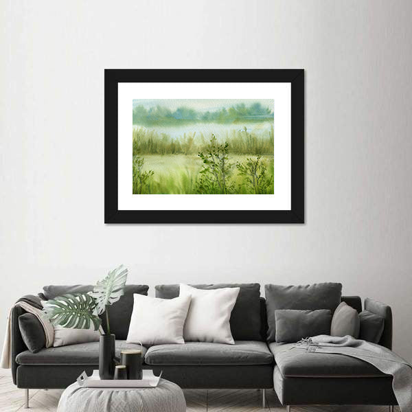 Fog At River With Grass Canvas Wall Art