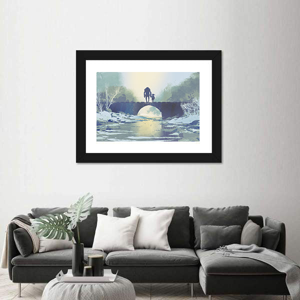 Robot &amp; Little Girl Standing On Bridge Canvas Wall Art