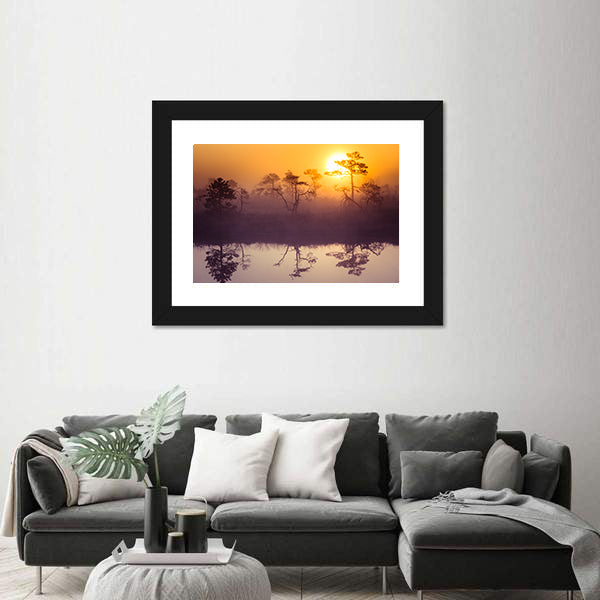 Sun Rising Above Misty Lake Canvas Wall Art
