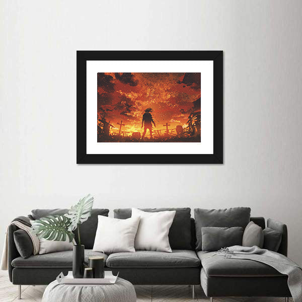 Zombie Silhouette in Burnt Cemetery Canvas Wall Art