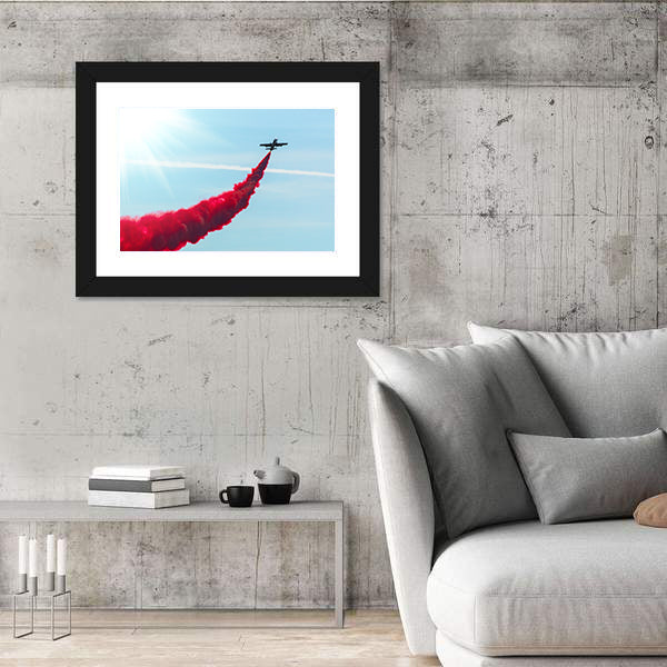 Airplane fly With Red Trail Smoke Canvas Wall Art