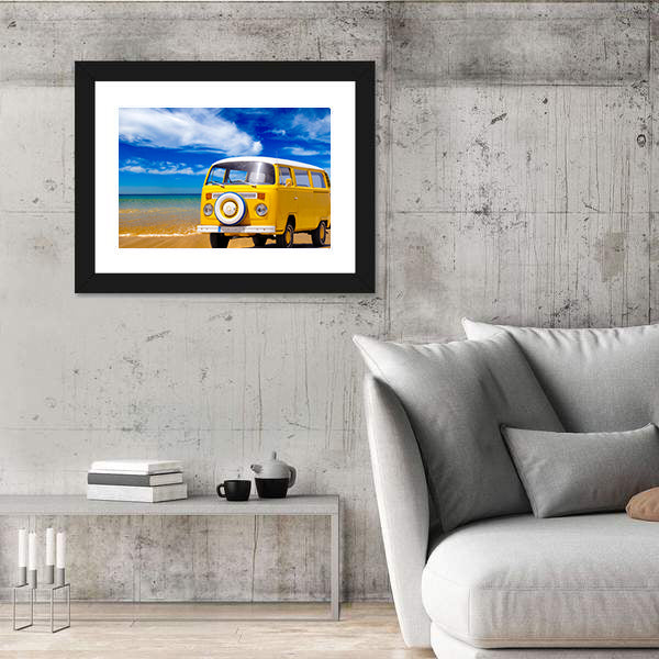 Yellow Vintage Van on Sandy Beach Canvas Wall Art