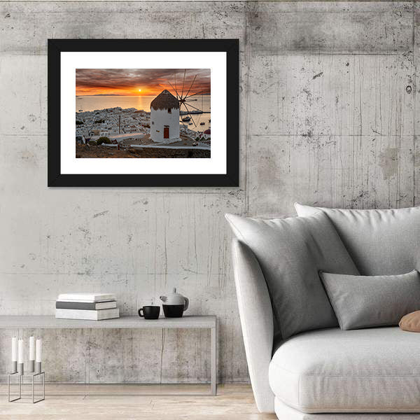 Mykonos Sunset with White Windmill Canvas Wall Art