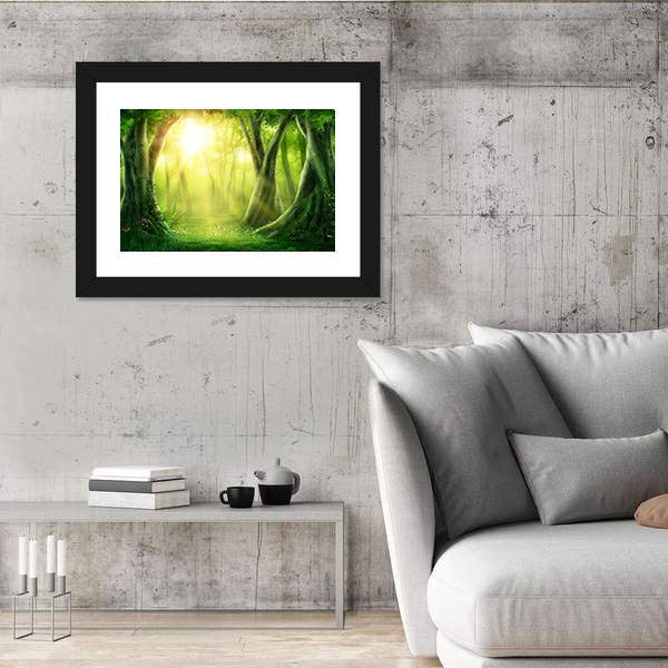 Dark Magic Forest With Sunshine Canvas Wall Art