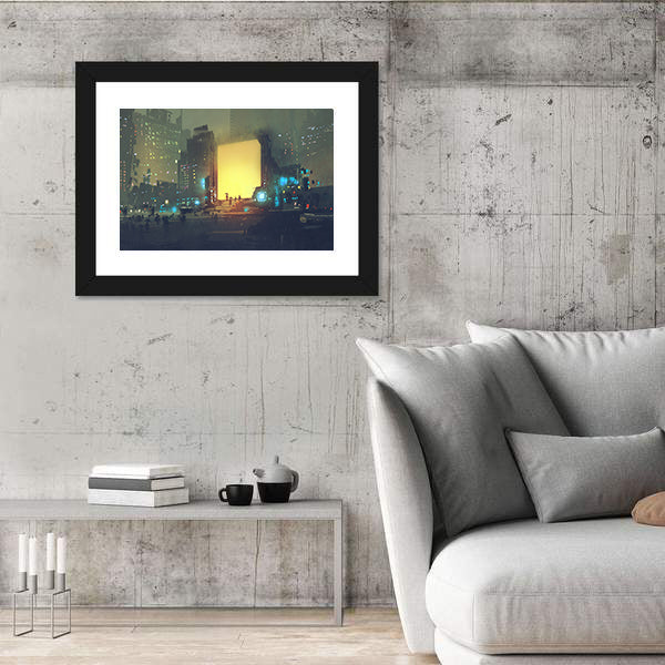 Rain-soaked Futuristic Cityscape Canvas Wall Art
