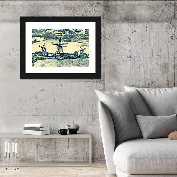 Vintage Dutch Windmills Landscape Canvas Wall Art